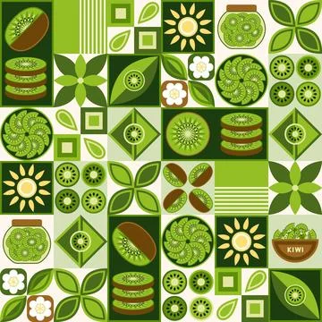 Pattern with kiwi, simple geometric shapes. イラスト素材