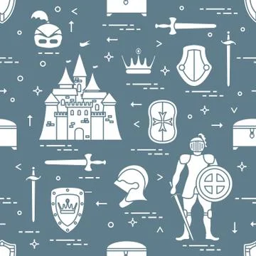 Pattern with knight, castle, swords and other. Stock Illustration
