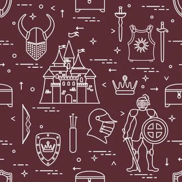 Pattern with knight, shields, swords and other. Stock Illustration