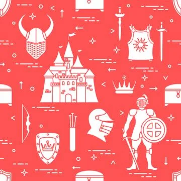 Pattern with knight, shields, swords and other. Stock Illustration