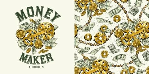 Pattern, label with 100 dollar bills, gold gears Illustrazione stock