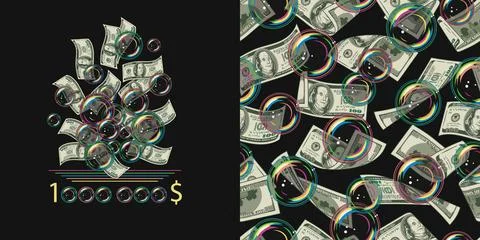 Pattern, label with dollar bills, soap bubbles Stockillustratie