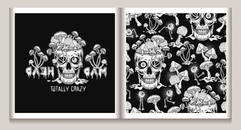 Pattern, label with eye monsters, mushrooms, skull Stock Illustration