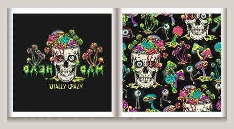 Pattern, label with eye monsters, mushrooms, skull Stock Illustration