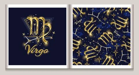 Pattern, label with gold icon of zodiac sign Virgo Stock Illustration