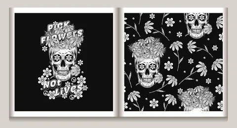 Pattern, label with human skull full of flowers Stock Illustration