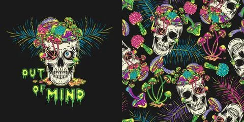 Pattern, label with mad skull with mushrooms Stock Illustration