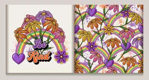 Pattern, label with rainbow, chamomiles, hearts Stock Illustration