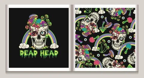 Pattern, label with rainbow, skull, mushrooms Stock Illustration