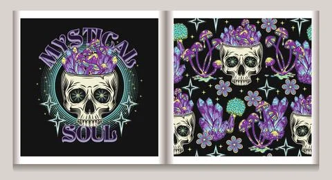 Pattern, label with skull, crystals, mushrooms Stock Illustration