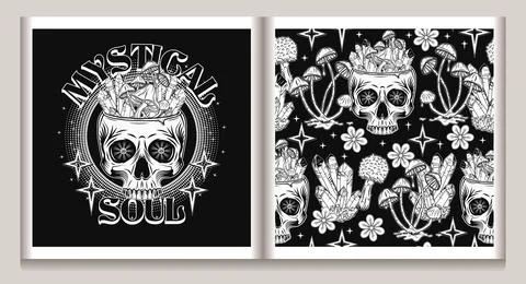 Pattern, label with skull, crystals, mushrooms Stock Illustration