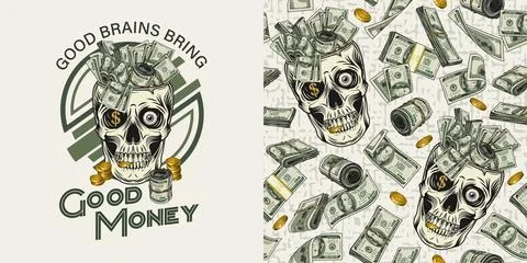 Pattern, label with skull, money,100 dollar bills Illustrazione stock