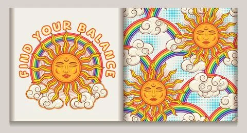 Pattern, label with sun with face, clouds, rainbow Stock Illustration