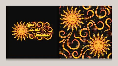 Pattern, label with sun with face, fire swirls, short phrase Illustrazione stock