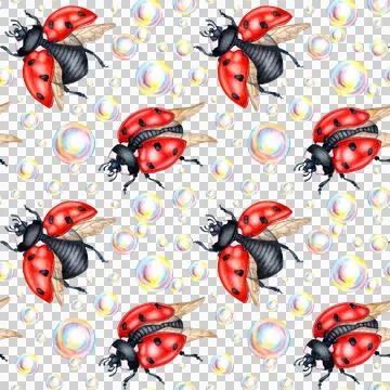Pattern ladybugs and soap bubbles watercolor Stockillustratie