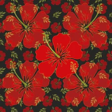 A pattern with large and small red hibiscus flowers Stock Illustration