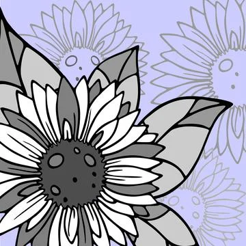 Pattern with large white-gray graphic sunflower flowers on a blue background, Stock Illustration