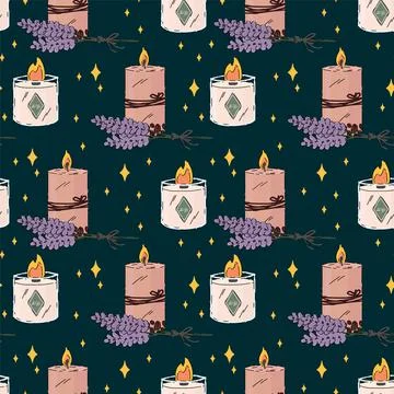 Pattern with lavender and Aroma candle. Aromatherapy at your home, self-care, a Stock Illustration
