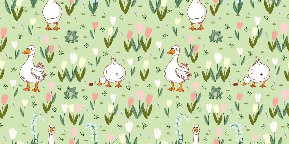Pattern A lawn with three geese, a frog, a ladybug, tulips, lilies of the va Illustrazione stock