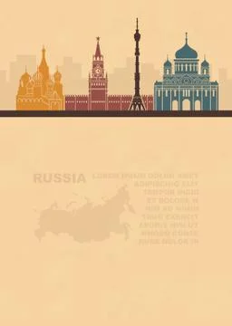 Pattern leaflets with a map of Russia and architectural sights of Moscow Stock Illustration