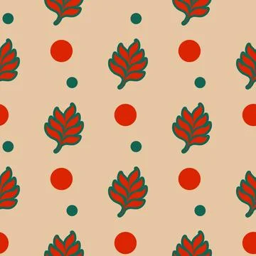 A pattern of leaves and red circles on a tan background Stock Illustration