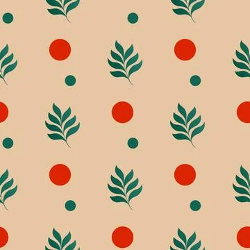 A pattern of leaves and red circles on a tan background Stock Illustration