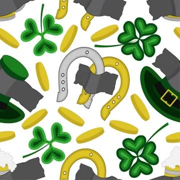 Pattern from the leaves of the clover, coins, beer, hat and horseshoe to St.  Stock Illustration
