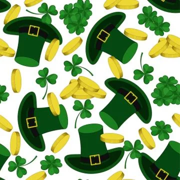 Pattern from the leaves of the clover, coins, beer, hat and horseshoe to St.  Stock Illustration