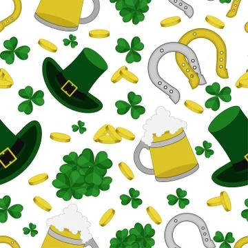 Pattern from the leaves of the clover, coins, beer, hat and horseshoe to St. Stock Illustration