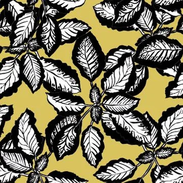 Pattern with leaves, ocher background. Fabric floral design. Stock Illustration