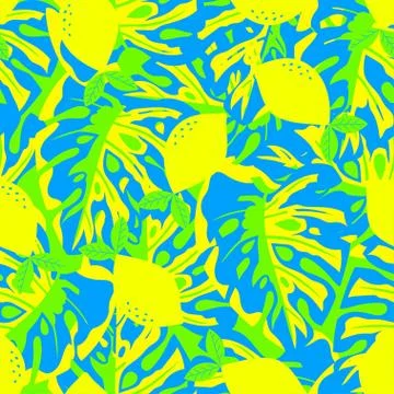 Pattern with lemon and tropical leaves Illustrazione stock