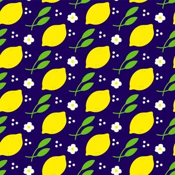 Pattern with lemon, leaves, flower chamomile and white dots. Stock Illustration