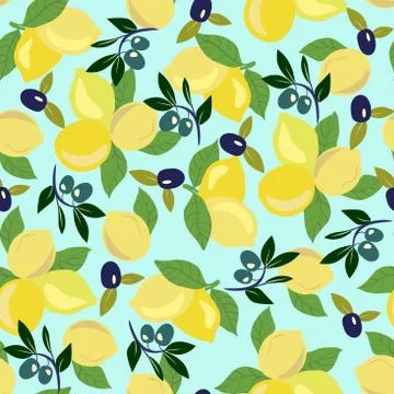 Pattern with lemon, olives and olive branch. Stock Illustration