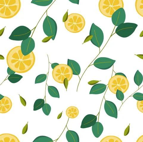 Pattern with lemon slices and branches of a lemon tree, cardamom seeds. 스톡 일러스트