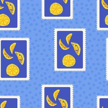 Pattern of lemon slices and fruit cross sections in blue postage stamp on dot Stock Illustration