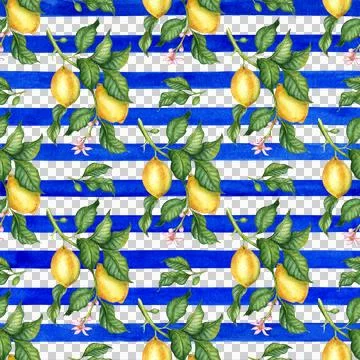 Pattern of lemons and leaves on a striped watercolor background Stock Illustration