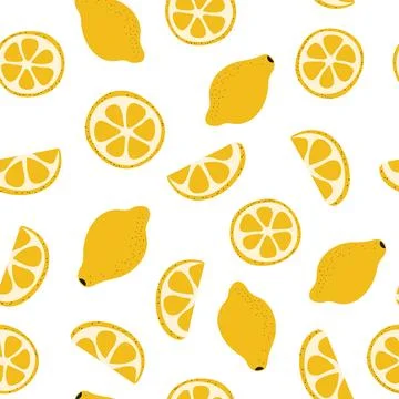 Pattern of lemons and slices on white background. Citrus sour fruit. Yellow Stock Illustration