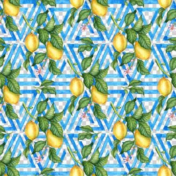 Pattern lemons on blue patterned background watercolor Illustrazione stock