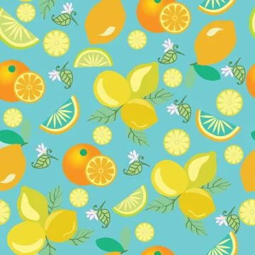 Pattern with lemons, flowers, leaves and Oranges. Stock Illustration