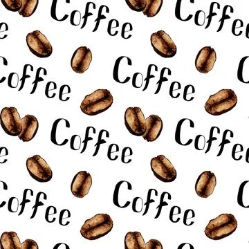 Pattern lettering coffee and beans watercolor Stock Illustration