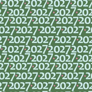 Pattern of light blue 2027 numbers with pink dots in offset rows across a green Illustrazione stock