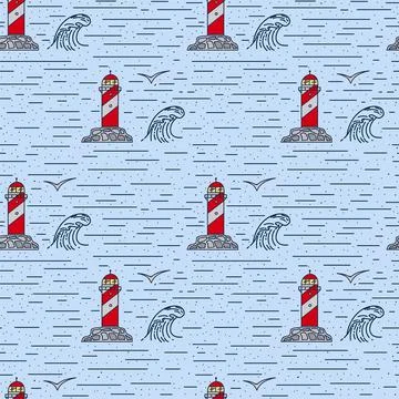 A pattern with a lighthouse and the sea. Cartoon wave line doodle. The Stock Illustration