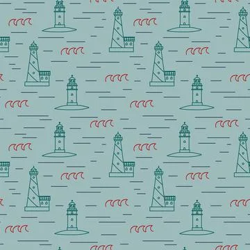 A pattern with a lighthouse building and waves. Linear substrate of doodle Stock Illustration