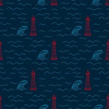 A pattern with a lighthouse building on a dark background. Lighthouse and wave Stock Illustration