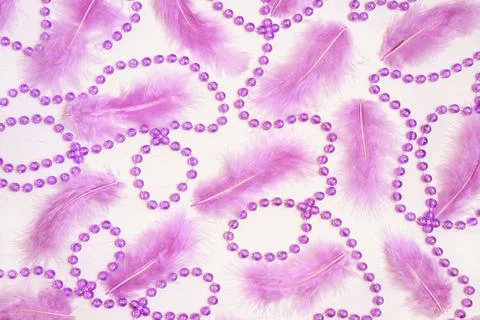 Pattern of lilac feathers and violet beads on white background Stock Photos