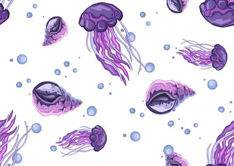 Pattern with lilac sea jellyfish, vector seamless illustration イラスト素材