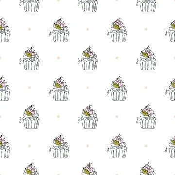 Pattern with line art style cupcake Stock Illustration