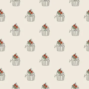 Pattern with line art style cupcake Stock Illustration