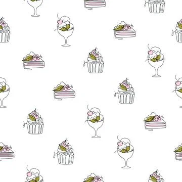 Pattern with line art style desserts Stock Illustration