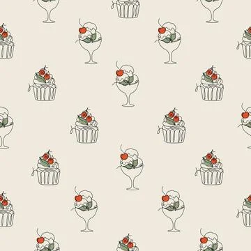 Pattern with line art style desserts Stock Illustration